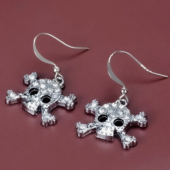 Any 4/$25! Silver Crystal Pave Skull & Bones Drop Earrings - Picture 2 of 6